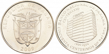 Панама 50 сентесимо 2009 100 лет Национальному банку KM 139 медь плакированная медно-никелем UNC M21-19