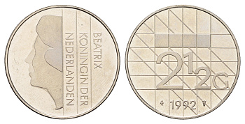 Нидерланды 2 1/2 гульдена 1992 Беатрикс (1980-2013), редкий год KM 206 никель UNC 4367-621