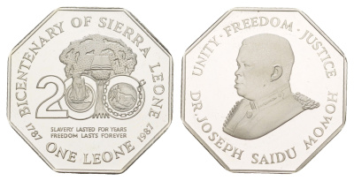 Сьерра-Леоне 1 леоне 1987 200 лет Сьерра-Леоне, тираж 3.000 экземпляров KM 40 серебро PROOF 1522-1445