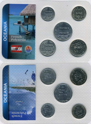 Французская Полинезия набор из 5 монет 2008-2009 1, 2, 5, 10, 20 франков, в целлофановой запайке KM UNC 5-6-3-63