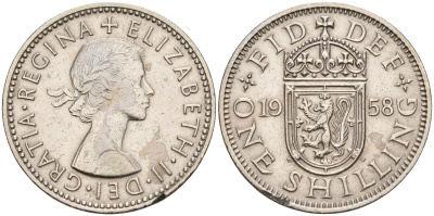 Великобритания 1 шиллинг 1958 Елизавета II (1952-2022), Шотландский герб KM 905, Spink 4148 медно-никель    4153-342