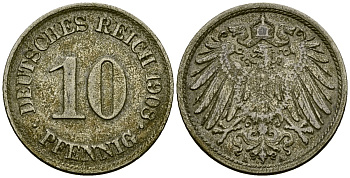 Германия 10 пфеннигов 1908 A KM 12 медно-никель 4172-251