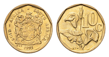 ЮАР 10 центов 1993 герб, цветок алоэ KM 135 сталь плакированная бронзой UNC 4694-656