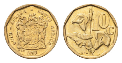 ЮАР 10 центов 1993 герб, цветок алоэ KM 135 сталь плакированная бронзой UNC 4694-656