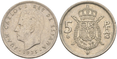 Испания 5 песет 1975 (78) Хуан Карлос I (1975-2014) KM 807 медно-никель 4155-634