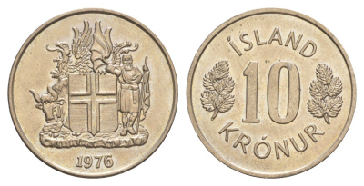 Исландия 10 крон 1976 KM 15 медно-никель UNC 4646-1212