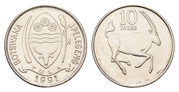 Ботсвана 10 тхебе 1991 антилопа оракс, год-тип KM 5a сталь плакированная никелем UNC 4674-1265