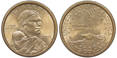 США 1 доллар 2000 Р, индианка Сакагавея KM 310 медь с марганцево-латунным покрытием aUNC 4531-144