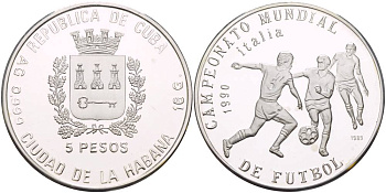 Куба 5 песо 1989 чемпионат мира по футболу в Италии 1990 года, три игрока KM 225 серебро PROOF 11-085-35