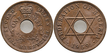 Нигерия 1 пенни 1959 Елизавета II (1952-), Британский протекторат KM 2 бронза 51-1833