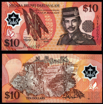 Бруней 10 малайзийских ринггитов 1998 Хассанал Болкиах — султан Брунея, тропический лес Pick 24 b полимер UNC (пресс) 2197-35-1-1