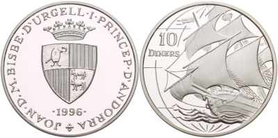 Андорра 10 динеров 1996 парусник KM 120 серебро PROOF 00-00