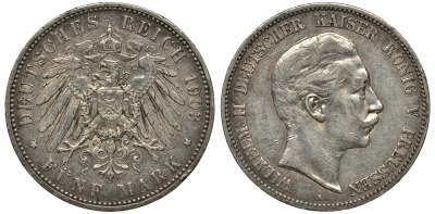 Пруссия 5 марок 1903 Вильгельм II (1888-1918) KM 523, J.104 серебро    413-5425