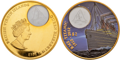 Британские Виргинские острова 2 доллара 2012 100 лет гибели Титаника, с сертификатом, в оригинальной коробке, эмаль, Титаник в ночном море, вес 42 гр., диаметр 50 мм., тираж 1000 экземпляров бронза PROOF 4-3-5-02