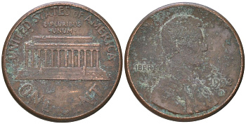 США 1 цент 1992 D, Авраам Линкольн KM 201b цинк плакированный медью 4613-818