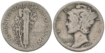 США 10 центов (дайм) 1936 D KM 140 серебро 3334-1211