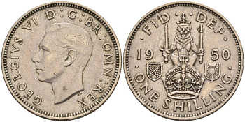 Великобритания 1 шиллинг 1950 Георг VI (1936-1952), Шотландский герб KM 877, Spink 4109 медно-никель 4126-415