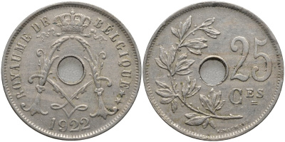 Бельгия 25 сантимов 1922 Belgique KM 68.1 медно-никель 4171-651