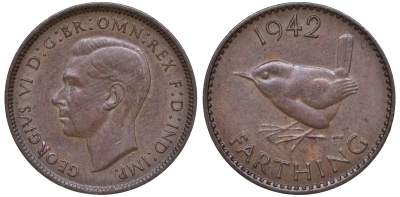 Великобритания 1 фартинг 1942 Георг VI (1936-1952) KM 843, Spink 4116 бронза 4609-1053