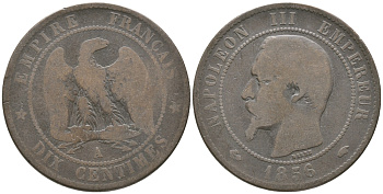 Франция 10 сантимов 1856 A, Наполеон III (1852-1870) KM 771.1, Le Franc 133.32 бронза 51-2733