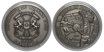 Республика Буркина Фасо 10000 франков 2014 Чемпионат мира по футболу 2014, Бразилия, 1 килограмм KM NEW серебро PROOF 00-000-00