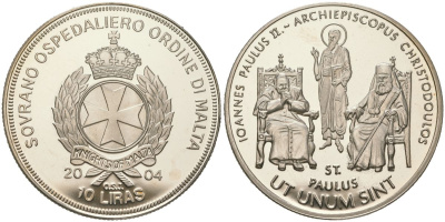 Мальтийский орден 10 лир 2004 Жизнь Папы, Иоанн Павел II - Портрет Папы, тираж 5.000 экземпляров медно-никель PROOF 1529-131