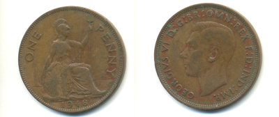 Великобритания 1 пенни 1948 Георг VI (1936-1952) KM 845, Spink 4114 бронза 89-241