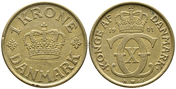 ДАНИЯ 1 КРОНА 1941 N; GJ, КРИСТИАН X (1912-1947) KM 824.2 алюминиевая бронза 32-313