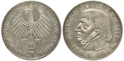 ФРГ 5 марок 1964 J, 150 лет со дня смерти Иоганна Готлиба Фихте J. 393, KM 118.1 серебро aUNC 3896-1224