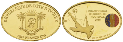 Берег слоновой кости 100 франков 2016 чемпионат Европы по футболу во Франции, овал, эмаль KM NEW золото PROOF 00-815-26