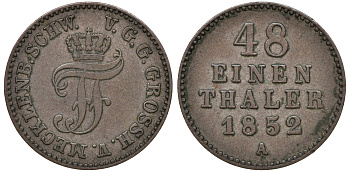 Мекленбург-Шверин 1/48 талера 1852 A, Фридрих Франц II (1842-1883) KM 311 серебро 4516-452