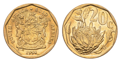 ЮАР 20 центов 1994 герб, цветок протея KM 136 сталь плакированная бронзой UNC 4694-834