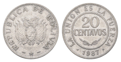 Боливия 20 сентаво 1987 KM 203 нержавеющая сталь 4664-635