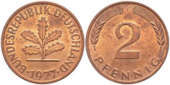 ФРГ 2 пфеннига 1977 F J.381a, KM 106a сталь плакированная медью 116-336