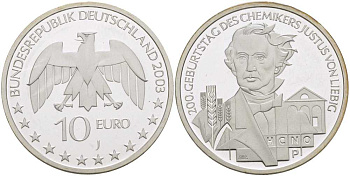 ФРГ 10 евро 2003 J, 200 лет со дня рождения Юстуса фон Либиха KM 222, DE.S. 10.7 серебро PROOF 413-5131