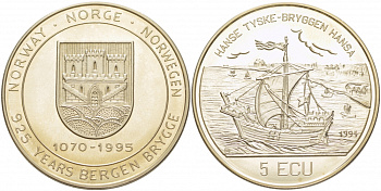 НОРВЕГИЯ 5 ЭКЮ 1994 925 ЛЕТ БЕРГЕНСКОМУ МОСТУ медно-никель UNC 04-092-35
