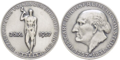 ГЕРМАНИЯ МЕДАЛЬ 1958 КАРЛ фон ШТЕЙН (1757-1831), ДИАМЕТР 40 ММ. белый металл 1084-2-64