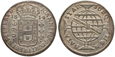 Бразилия 960 рейс 1814 В, монетный двор Бахия (Bahia), перечекан, патина, Жоао принц-регент (1799-1818) KM 307.1 серебро 00-815-15