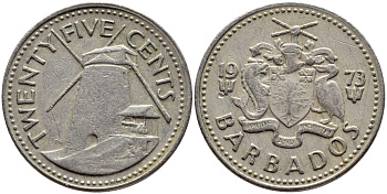 Барбадос 25 центов 1973 ветряная мельница Моргана Льюиса KM 13 медно-никель 4398-322
