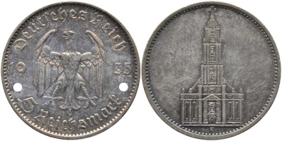 ГЕРМАНИЯ 5 РЕЙХСМАРОК 1935 F, КИРХА KM 83, J. 357 серебро 1515-1623
