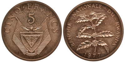 Руанда 5 франков 1977 пробник, ESSAI KM E5 бронза UNC 5010-315