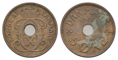 Дания 5 эре 1939 N, Кристиан X (1912-1947) KM 828 бронза 4700-852