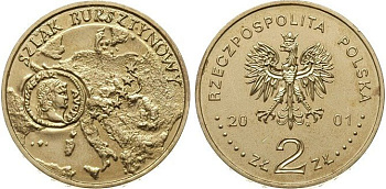 Польша 2 злотых 2001 MW, янтарный путь KM 410 нордик  UNC 4521-1024