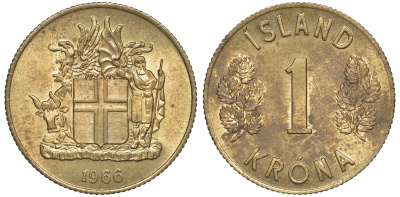 Исландия 1 крона 1966 KM 12a никель латунь 4606-436