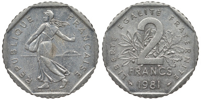 Франция 2 франка 1981 сеятель KM 942.1, Le Franc 272.5 никель 4123-432