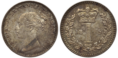 Великобритания 1 пенни 1845 Виктория (1837-1901) KM 727, Spink 3920 серебро PROOFLIKE 1523-1341