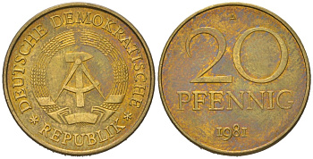 ГДР 20 пфеннигов 1981 A, редкий год, тираж 980.000 KM 11 латунь 4573-651