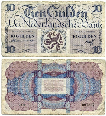 Нидерланды 10 гульденов 1945 герб, малый серийный номер, серия 3 CB Pick 74, Akkermans 34.1 a бумага 451-722-2