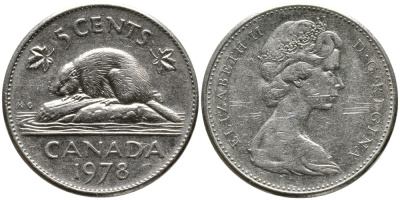 КАНАДА 5 ЦЕНТОВ 1978 ЕЛИЗАВЕТА II (1952-), БОБР, ВТОРОЙ ПОРТРЕТ В КОРОНЕ KM 60.1 никель 4543-647