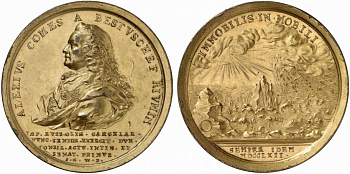 Россия медаль 1762 на назначение графа Бестужева-Рюмина фельдмаршалом, 52,38 мм, 58,62 гр Дьяков 111.1 бронза, позолота 10-014-08